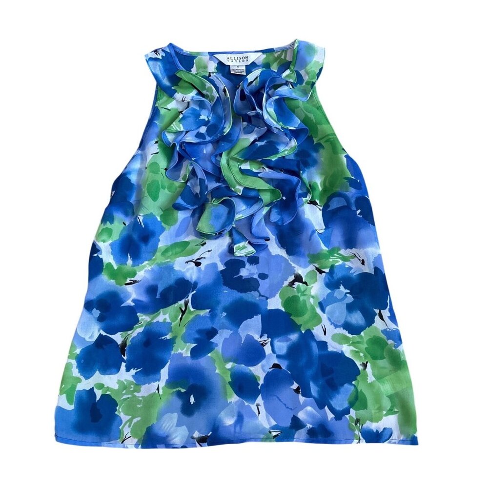 Allison Taylor Sleeveless Blouse Womens Med Floral Ruffle Blue Green Office Top